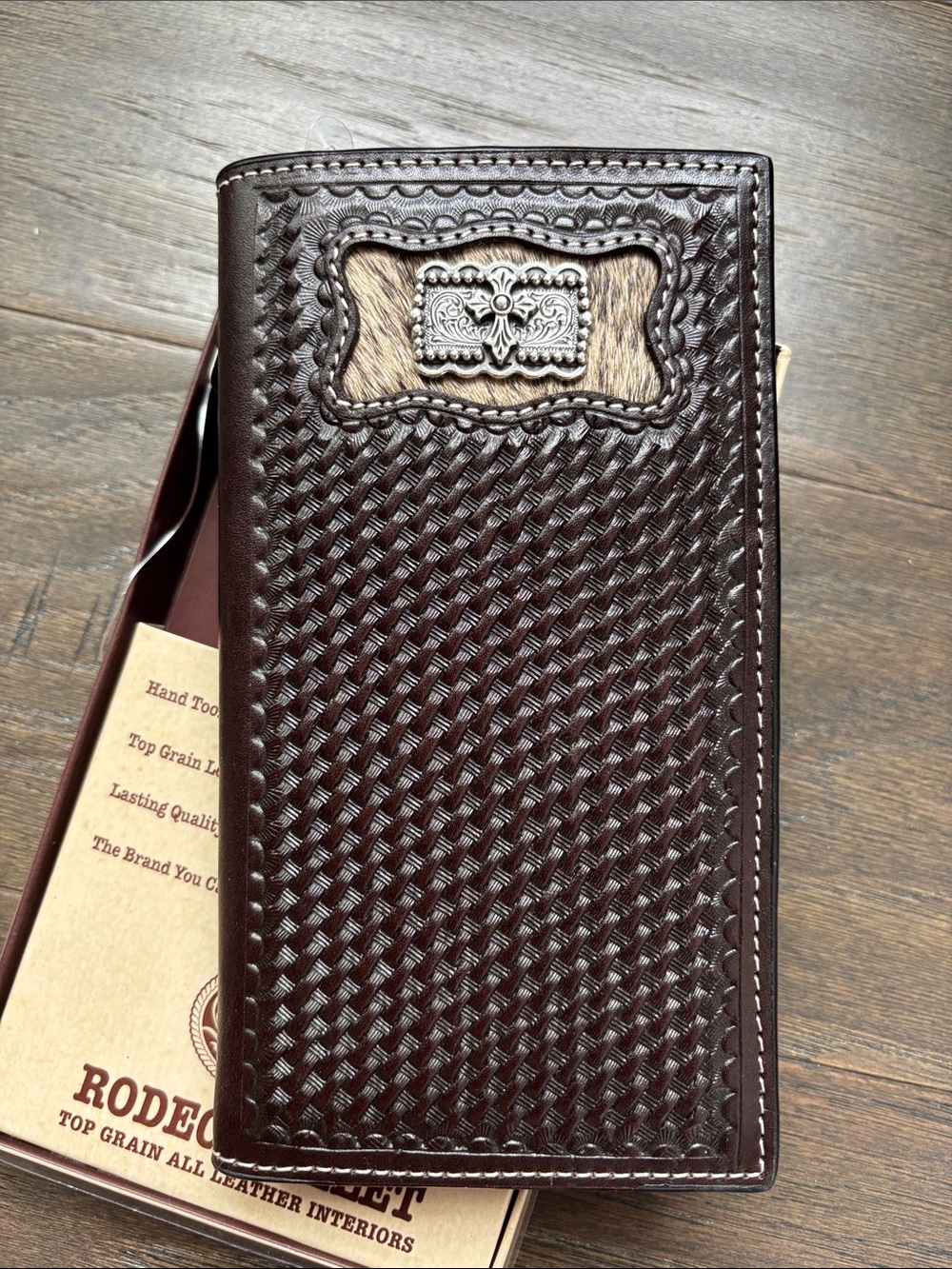 3D Rodeo Wallet,Genuine hand tooled leather,hair hide,Concho,bifold Western
